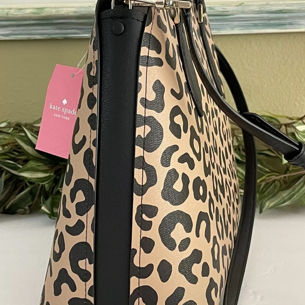 KATE SPADE DARCY LEOPARD LARGE SATCHEL SHOULDER BAG CROSSBODY TOTE LEATHER BLACK - Picture 4 of 9